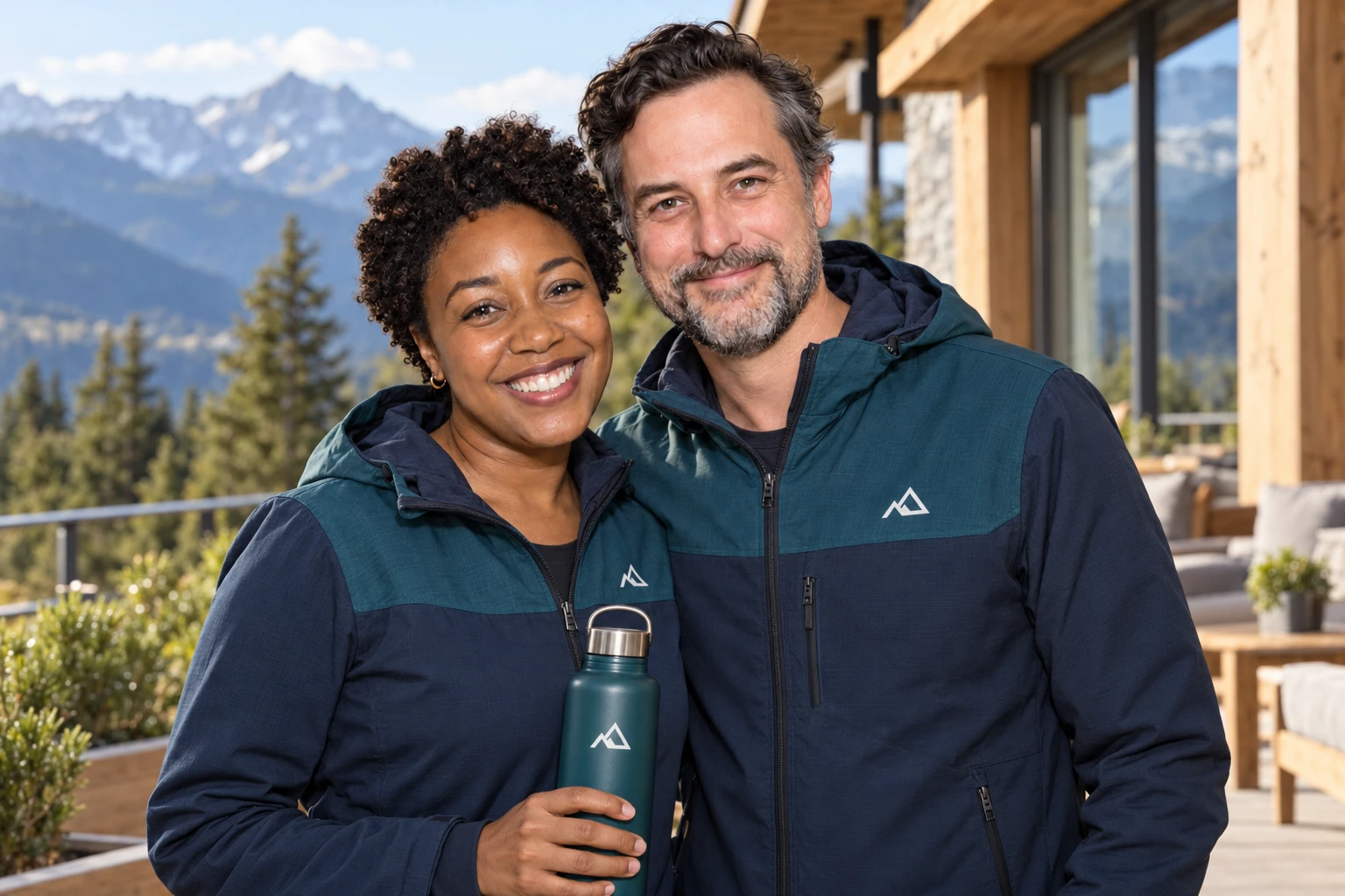 Das Markenteam in Outdoor-Dienstbekleidung mit Trinkflasche vor einer Berghütte