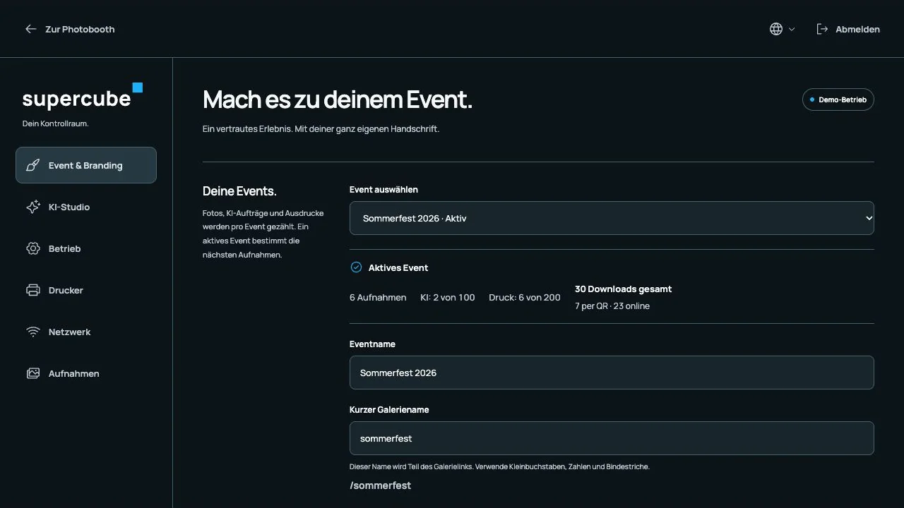 Das supercube Adminportal mit Eventverwaltung und getrennten Kontingenten